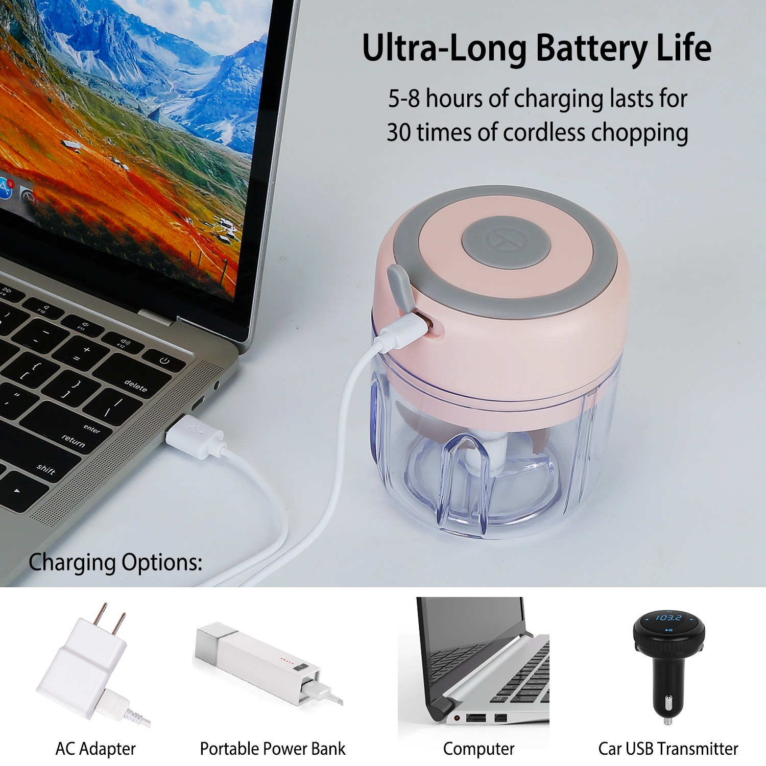 Mini Electric Garlic Chopper 8.45OZ Cordless Garlic Mincer Food Chopper Rechargeable Food Blender Chili Nut Onion Pepper Meat Ginger Food - Image 2