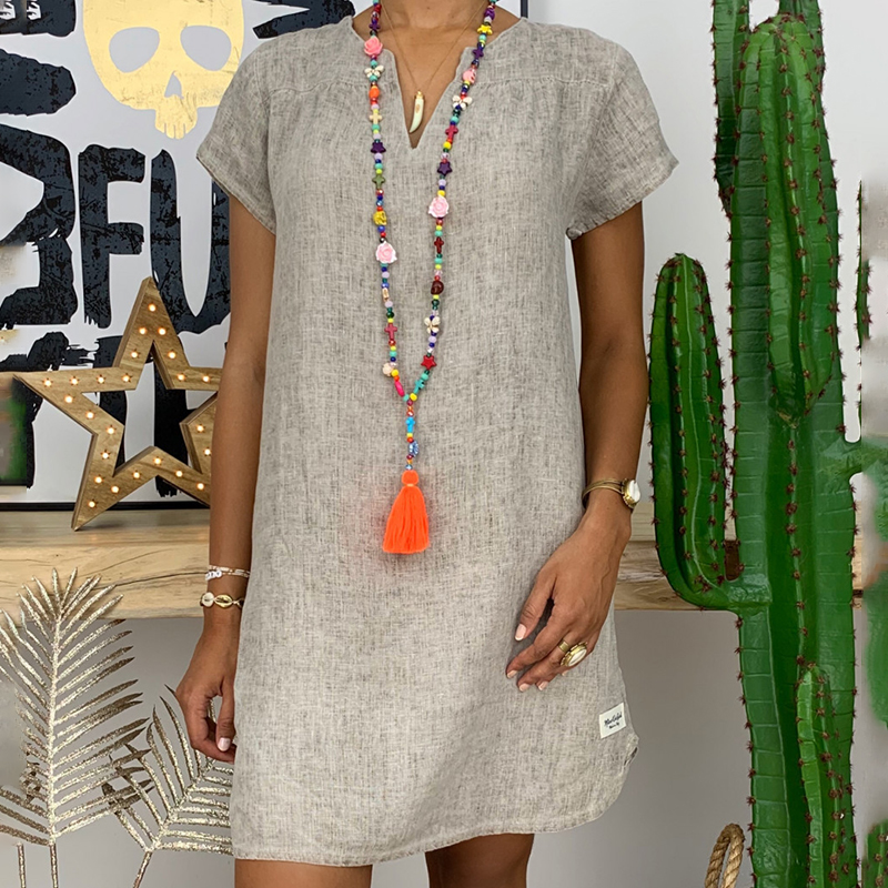 Womens Summer Casual Solid Color V Neck Short Sleeve Dresses Boho Beach Sundress - Picture 12 of 12