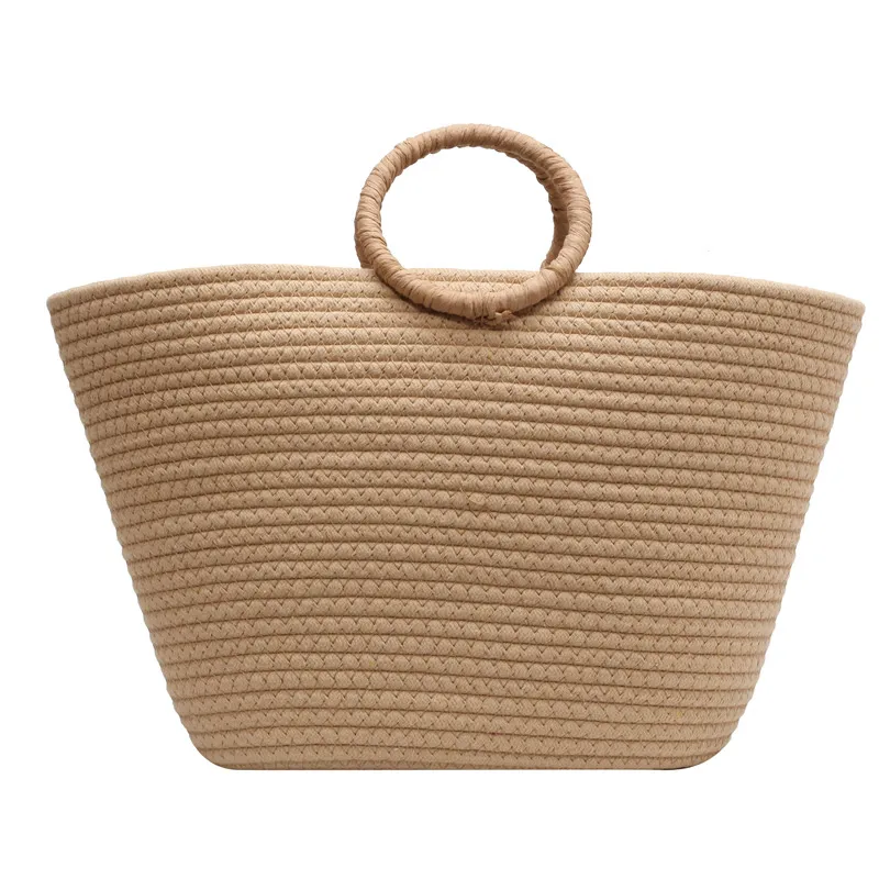 Large Capacity Cotton Rope Woven Beach Holiday Tote - Khaki