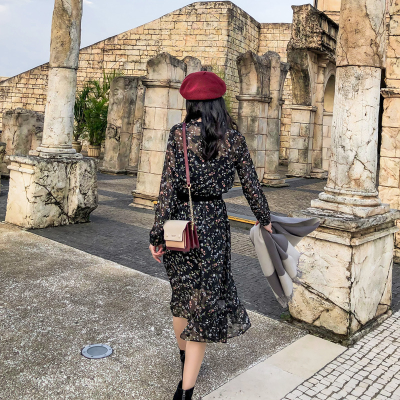 New Fashion Western Style Long-sleeved Chiffon Floral Dress Two-piece Coat With Base Skirt