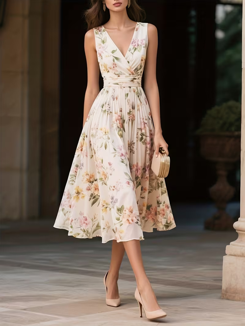 Floral Print V-Neck Sleeveless Midi Dress, Waisted Flowy Summer Dress