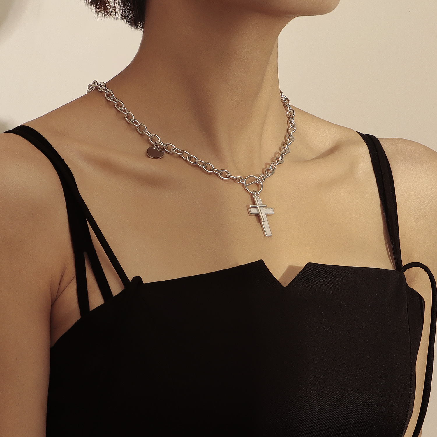 Punk Double Cross White Shell Pendant Necklace