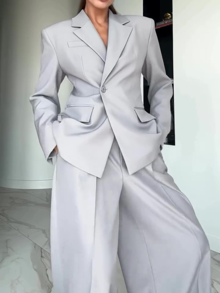 Gray Single-button Blazer & Wide-leg Pants Suit
