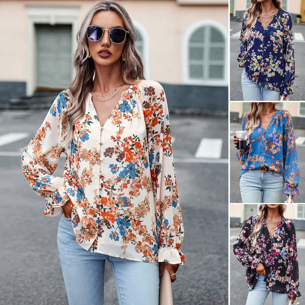 Women's Tops Casual Floral Print V Neck Long Sleeve