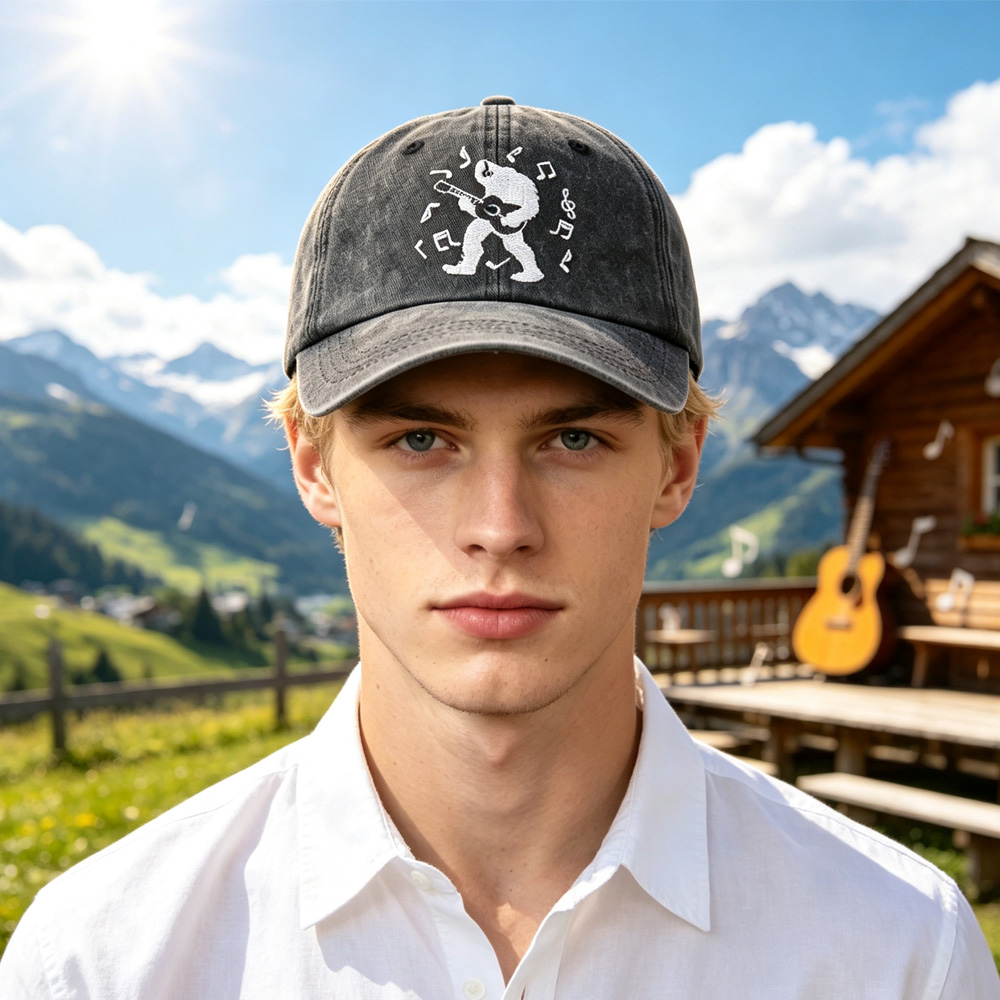 2pcs Guitar Black Baseball Cap For Women Men, Bigfoot Playing Guitar Musical Note Embroidery Hat, Vintage Distressed Cotton Trucker Cap For Summer Outdoor — foto 5