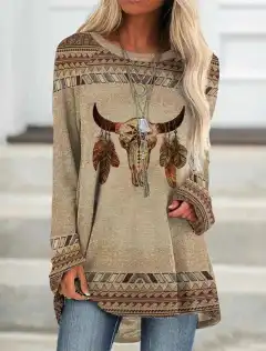 Long T-shirt Dress Retro Ethnic Style - Color3-6Xl - View 1
