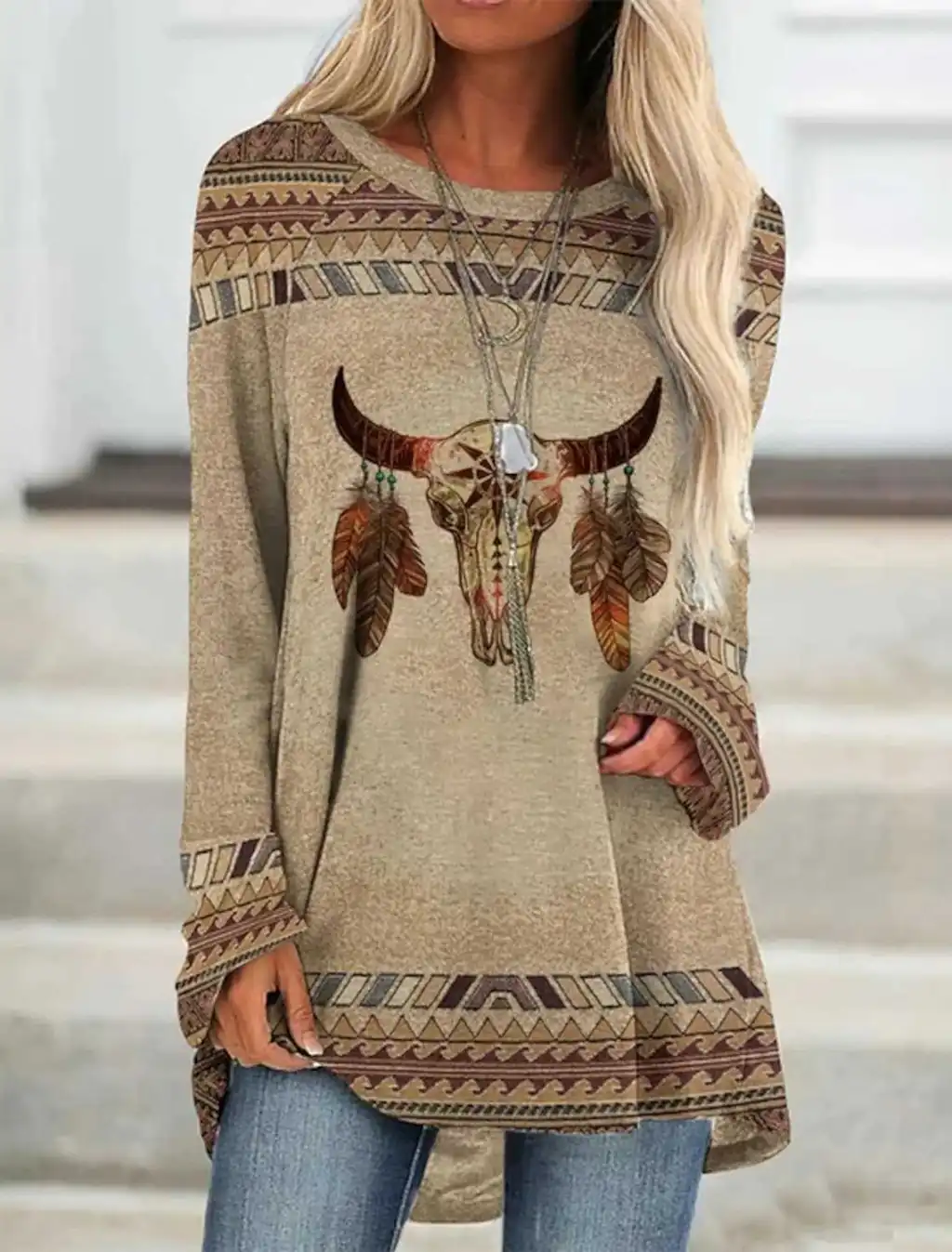Long T-shirt Dress Retro Ethnic Style - Color3-6Xl