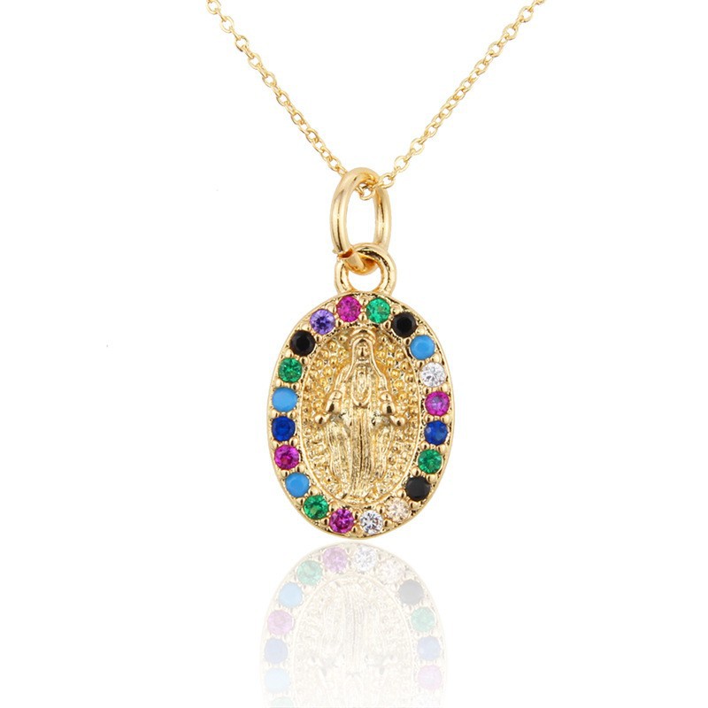 Trendy Women Religious Necklace, 18K Gold Plated Madonna Cross Zircon Charm