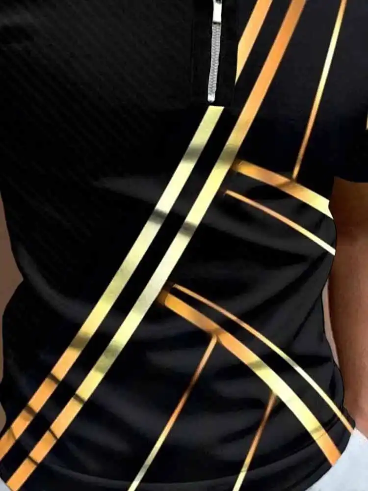 New Men's Lapel Color Stripe Patchwork Short Sleeve T-Shirt