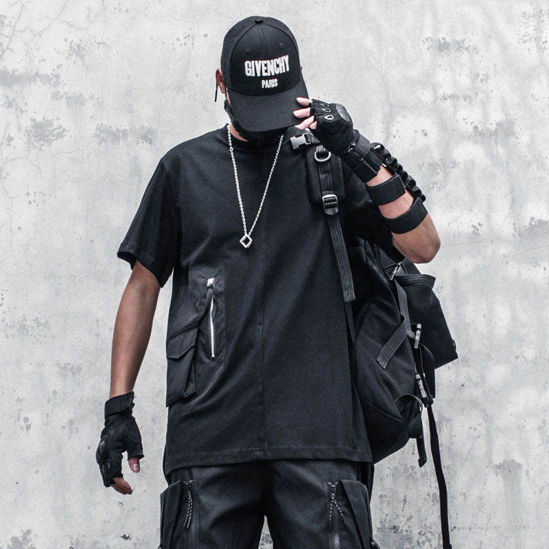 Three-dimensional Pocket Zipper T-shirt Loose Casual Short Sleeves