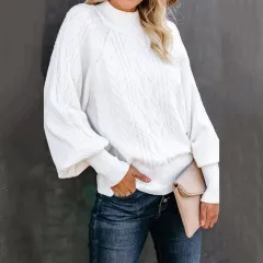 Women's Loose-fitting Long-sleeved Knit Sweater With Mid-neck - Solid Colour - White - View 1