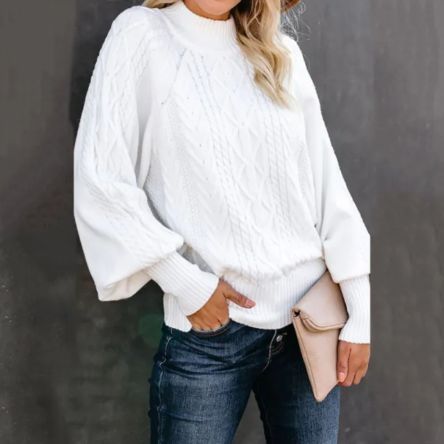 Women's Loose fitting Long sleeved Knit Sweater With Mid neck Solid Color White - Shop at LoveMi