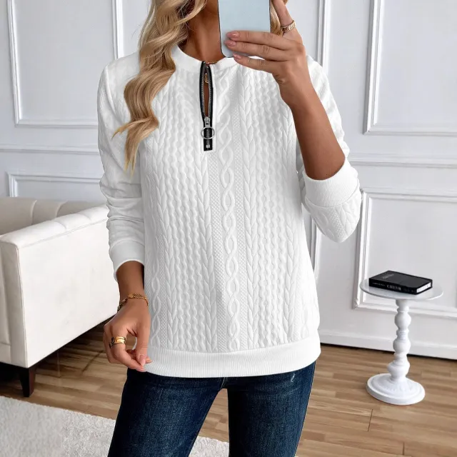 Women's Loose Casual Pullover Half Zipper Long Sleeve Solid Color Texture Round Neck Hoodie For Women White - Shop at LoveMi