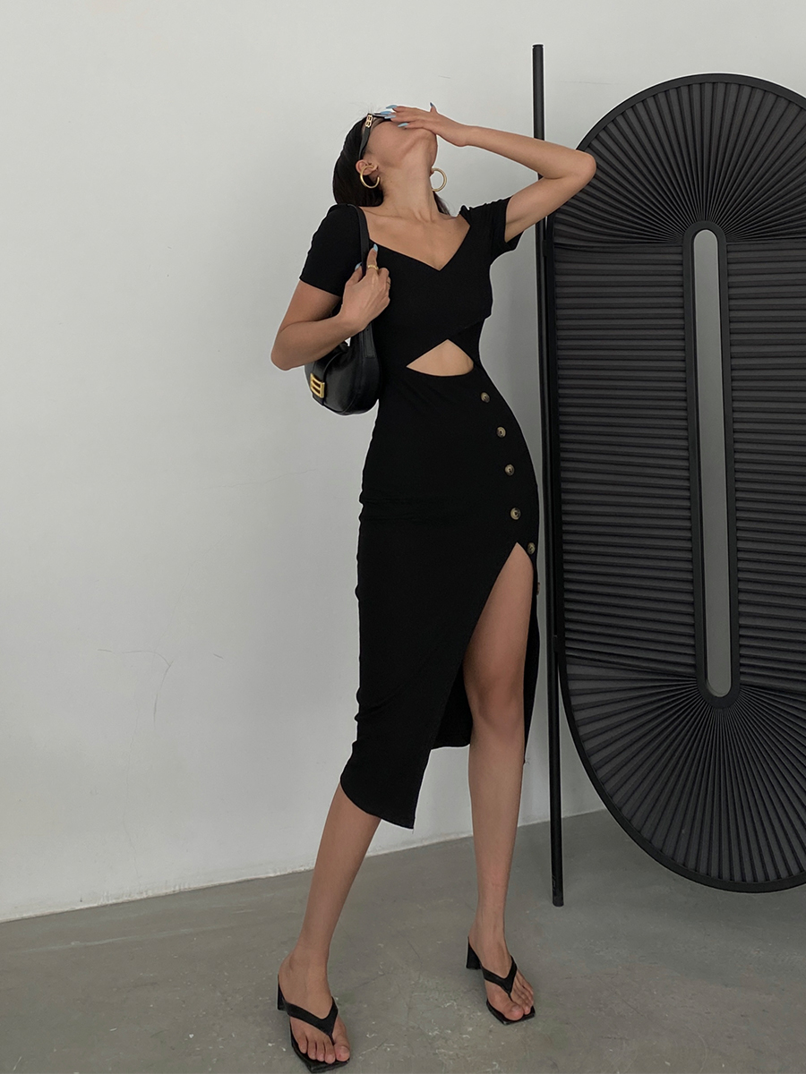 Slim And Hollow Niche Design High Slit Bag Hip Midi Skirt