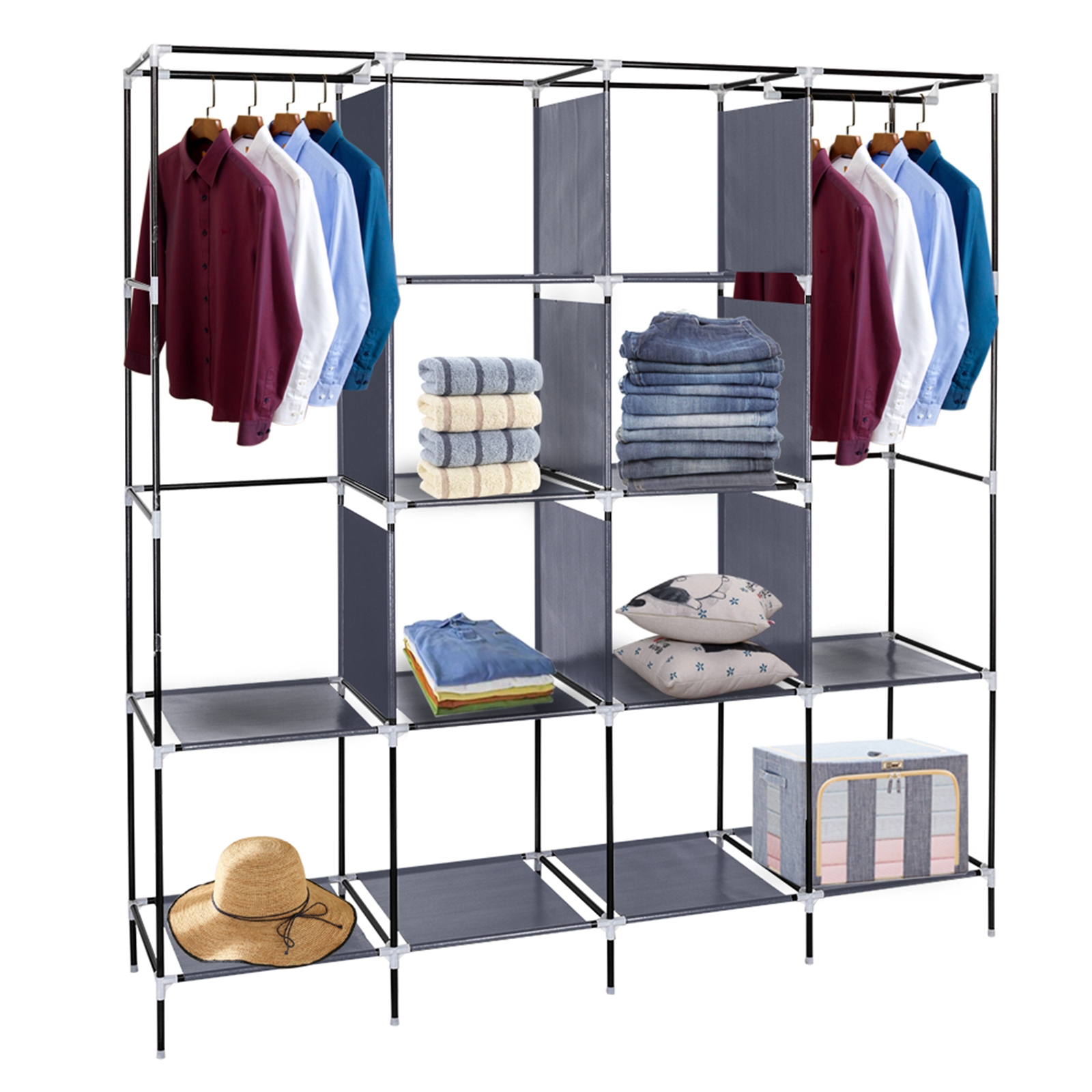 67 Inch Clothes Closet Portable Wardrobe Clothes Storage Rack 12 Shelves 4 Side Pockets Gray