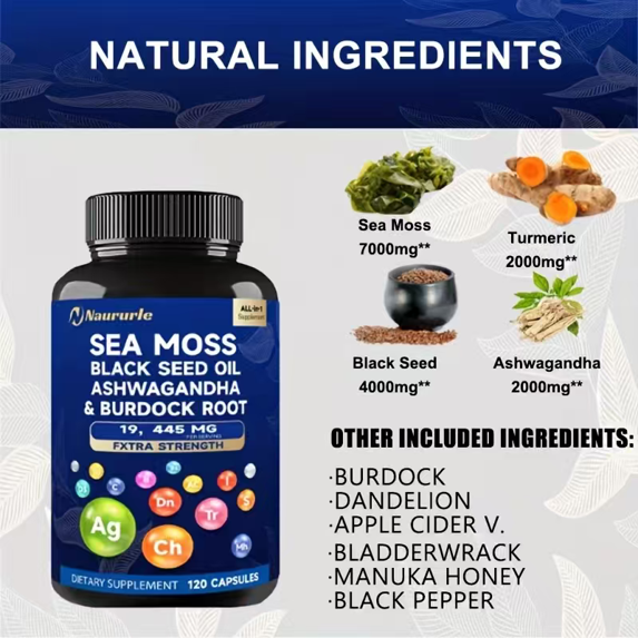 Sea Moss Black Seed Oil Ashwagandha & Burdock Root 19445mg Extra Strength Capsules - All-in-One Superfood Supplement For Immune Support, Energy & Vitality - 120 Capsules — view 3
