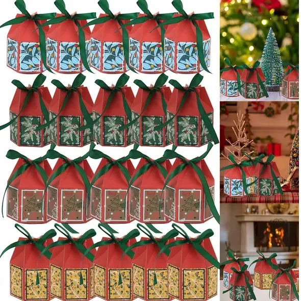 Christmas Candy Boxes With Ribbon Colorful Goodies Treat Box Snowflake Christmas Tree Cases For Xmas Gift Wrapping Holiday Party Supplies - Multico...