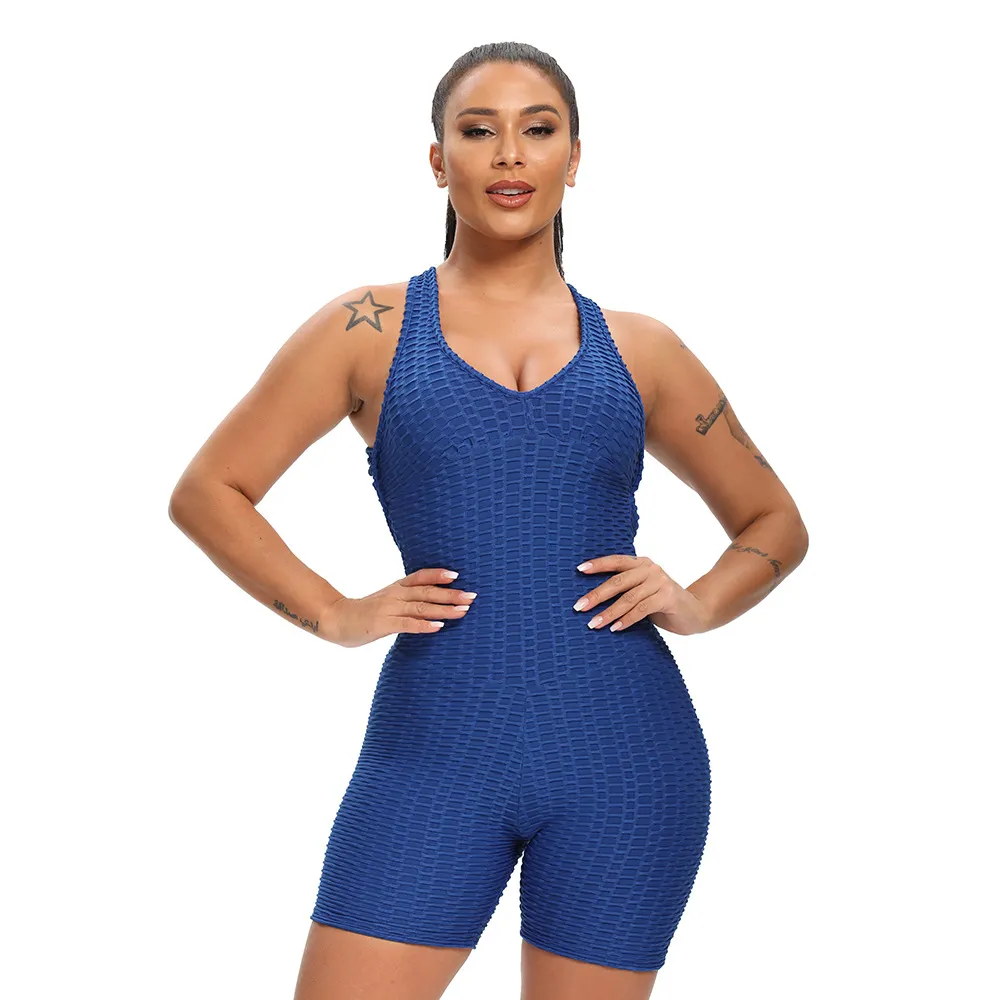 Women's Sports And Fitness Slim Jacquard One-piece Shorts - Blue