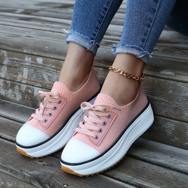 Casual Round Toe Flat Shoes Lace up Sneakers Thick Bottom Platform Shoes Pink - Shop at LoveMi
