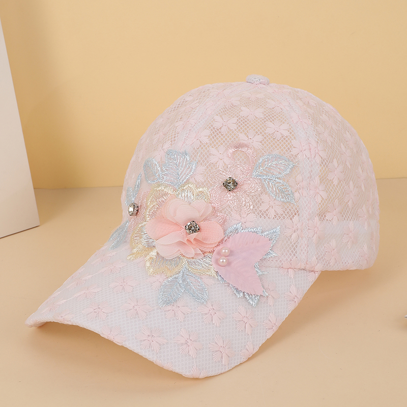 Summer Women's Powder-white Netting Lace Pearl Flower-decorated Adjustable Back-buttoned Fresh And Sweet Style Baseball Cap