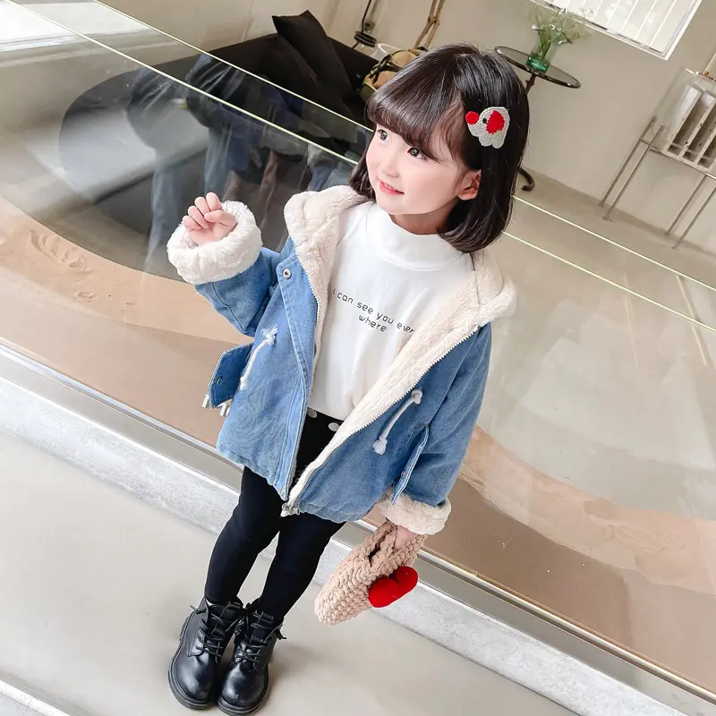 Girls' Denim Jacket Baby Plus Velvet Thickening