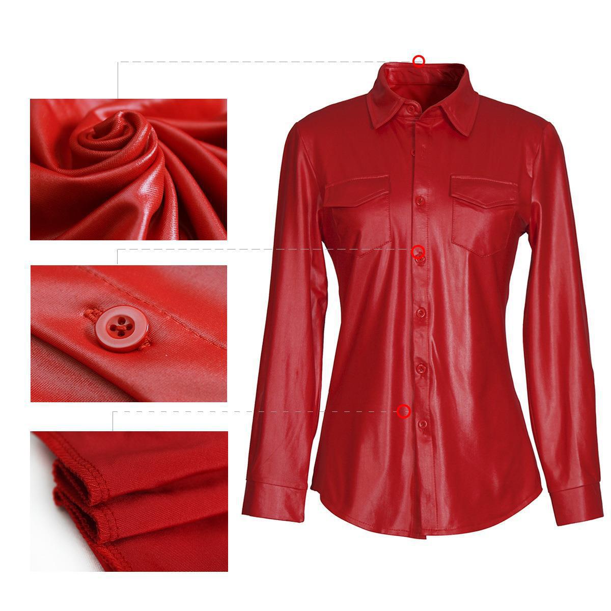 Women's Nightclub Sexy Ladies PU Leather Long Sleeve Shirt Red - Shop at LoveMi