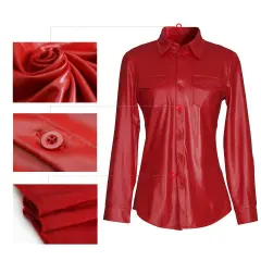 Women's Nightclub Sexy Ladies PU Leather Long Sleeve Shirt - Red - View 1