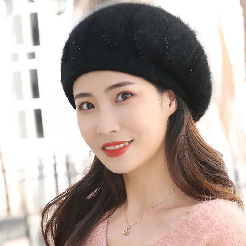 Women's Trendy All Match Rabbit Fur Wool Hat - Pearl Black