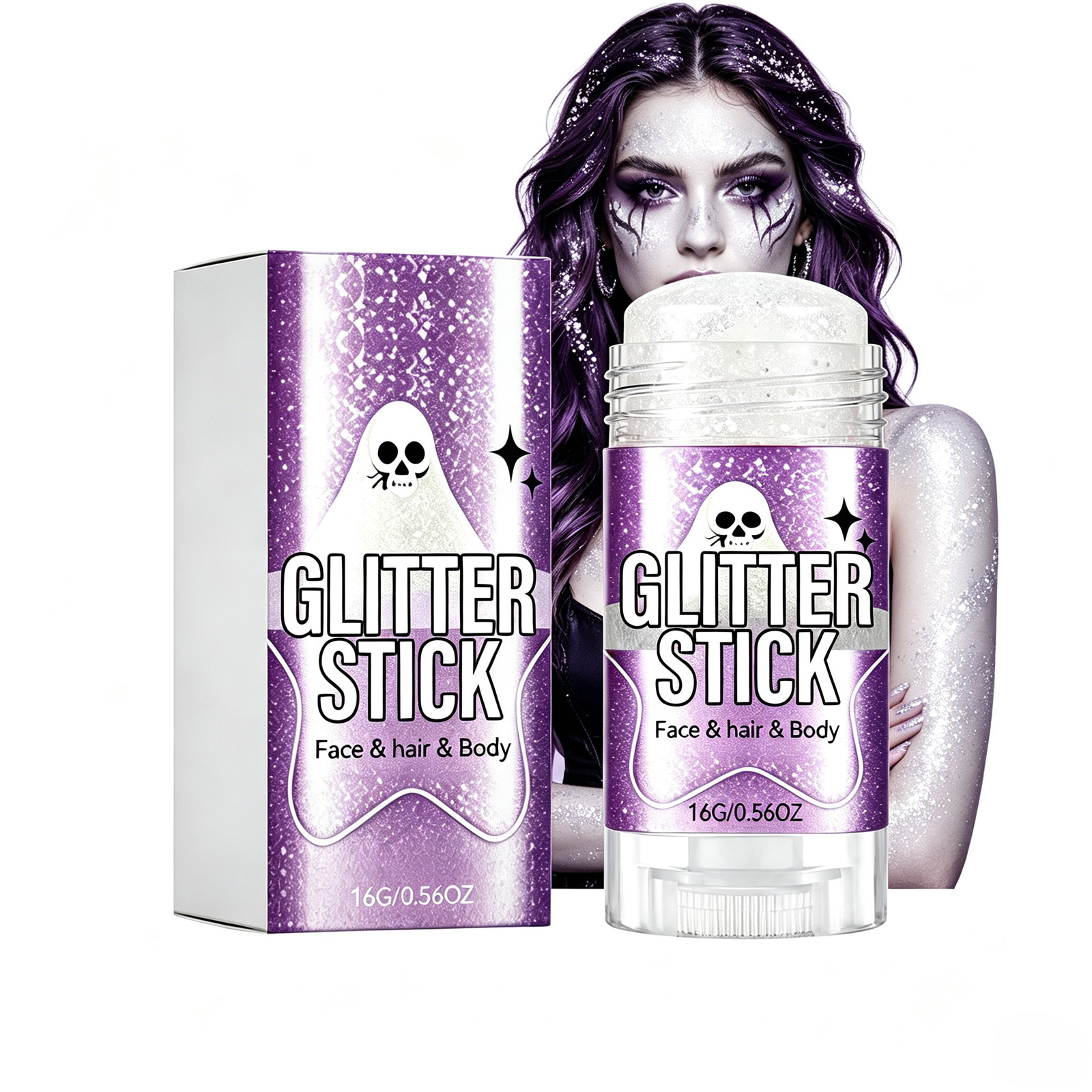 White Glitter Stick For Face Hair Body, Halloween Shimmer Makeup Gel, Long Lasting Non-Flaking Body Glitter, Portable Solid Sparkle Stick For Party Festival Cosplay