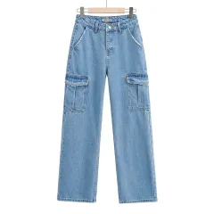 Washed Blue Pocket Decorated High Waist Wide-leg Jeans Women Casual Jeans - Light Blue - View 1