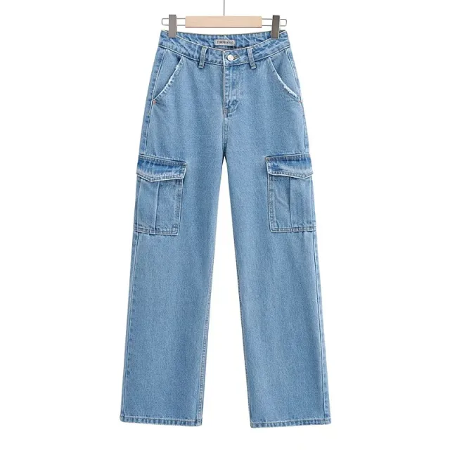 Washed Blue Pocket Decorated High Waist Wide leg Jeans Women Casual Jeans Light Blue - Shop at LoveMi