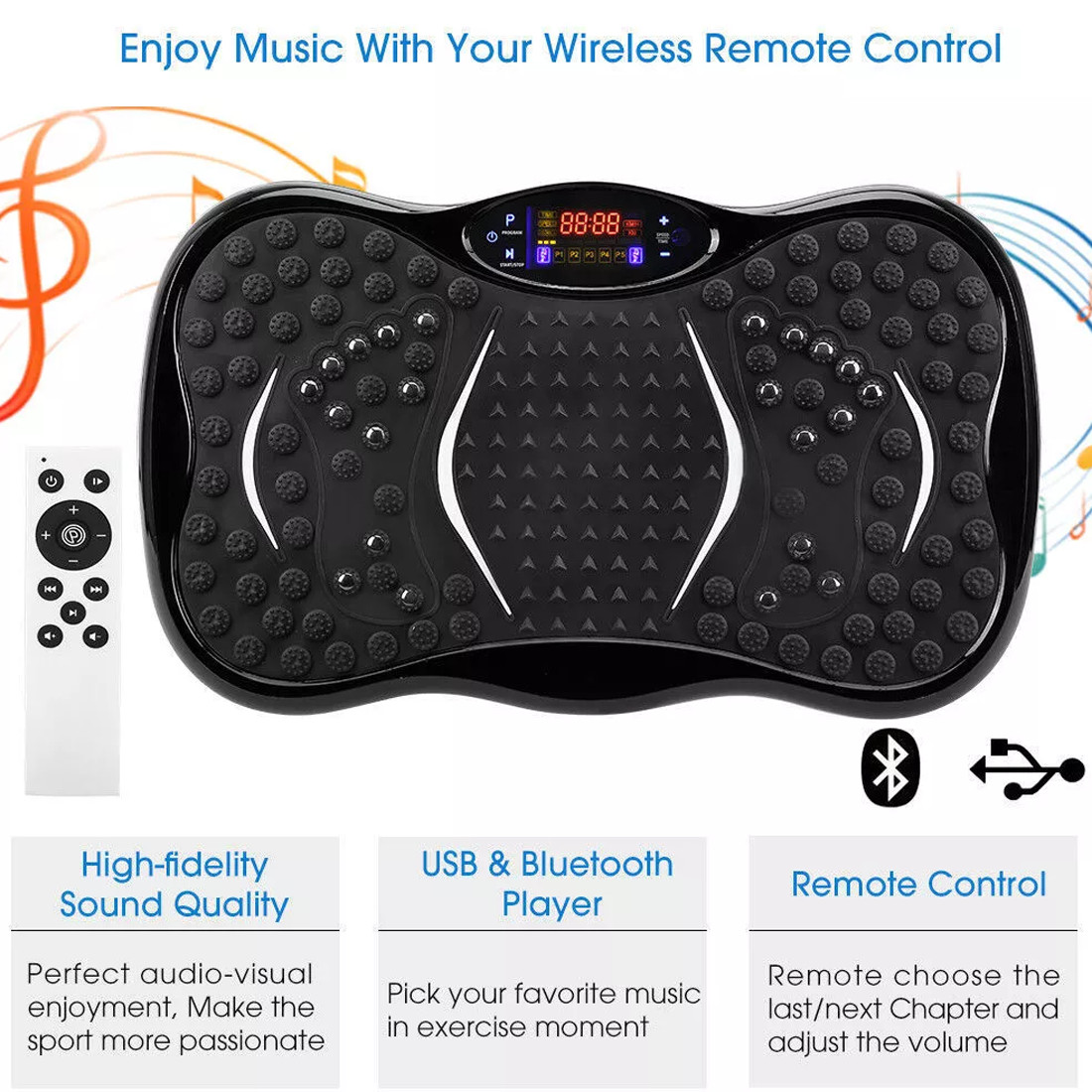 Vibration plate exercise machine with hidden resistance bands and Bluetooth speaker