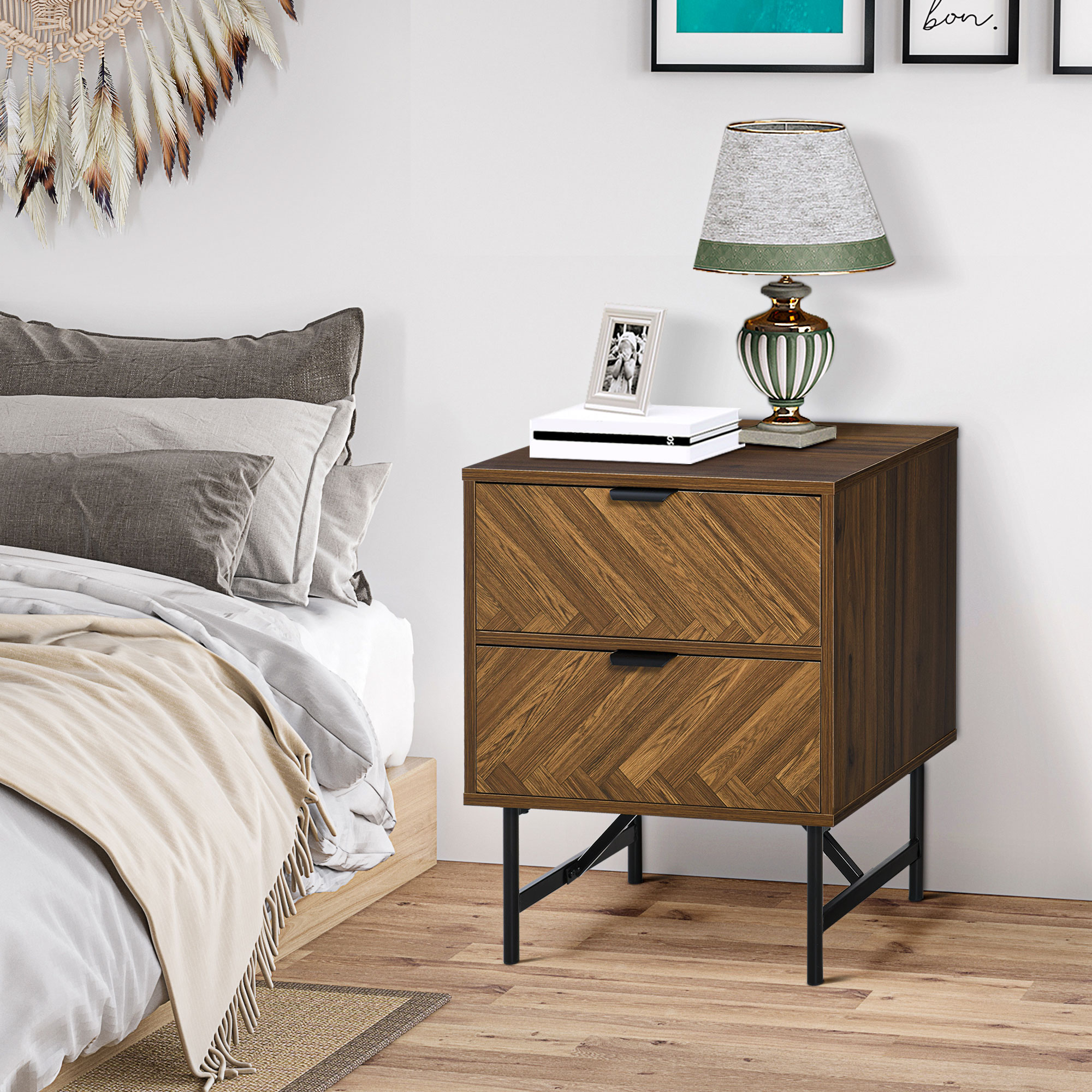 Bedside Table With Two Drawers, Side Cabinet Storage Unit Metal Handles — image 3