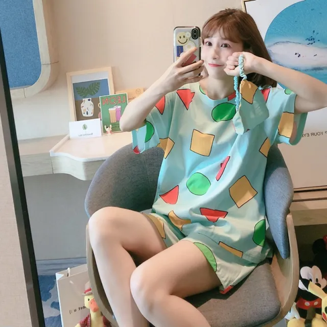 Two piece Pajamas Short sleeved Cute Cartoon Home Service Suit Blue - Shop at LoveMi