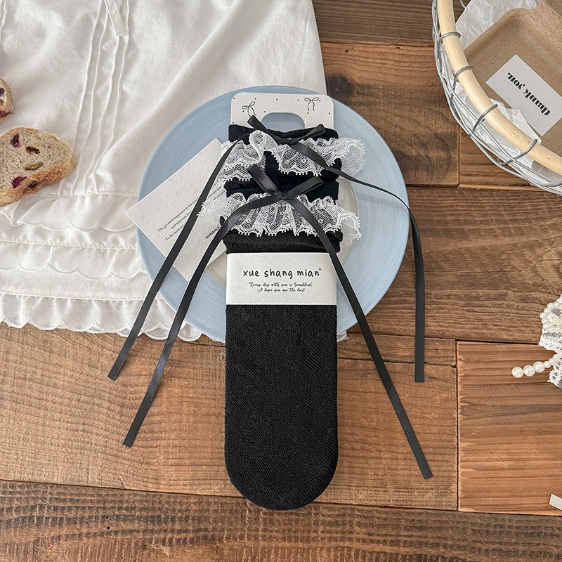 Ballet Style Pile Socks Women's Spring And Summer Thin Lace Bow Korean Girls Calf Stockings