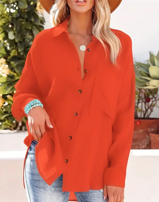 Women's Dropped Shoulder Bat Shirt Casual Long Sleeve Shirt Bright Orange - Shop at LoveMi