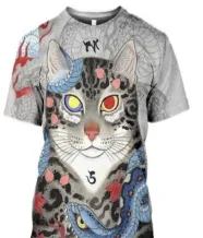Japanese Samurai Cat 3D Digital Printing Men's Round Neck Short Sleeve - Style2-5Xl