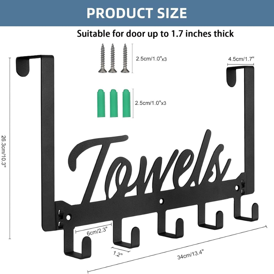 Over The Door Hooks Towel Rack Heavy Duty Door Hanger With 5 Coat Hooks For Bedroom Bathroom Kitchen Black 5