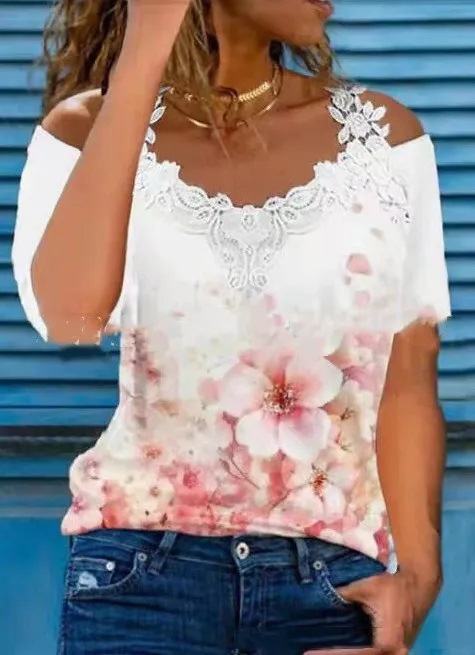 V Neck Lace Shoulder Drain Short Sleeve Casual White Pink Flower - Shop at LoveMi