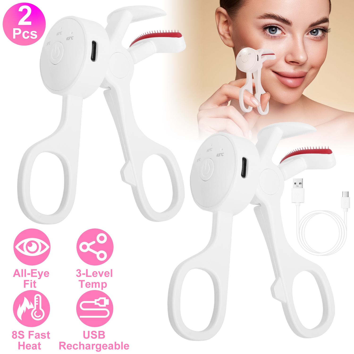 2Pcs Heated Eyelash Curler Electric USB Rechargeable Eyelash Curler Anti Burn Compact With Comb Heat Up Fast Within 8S For All Eye Shapes For Women Make Up Gift Travel Valentine Mother Day thumbnail 2