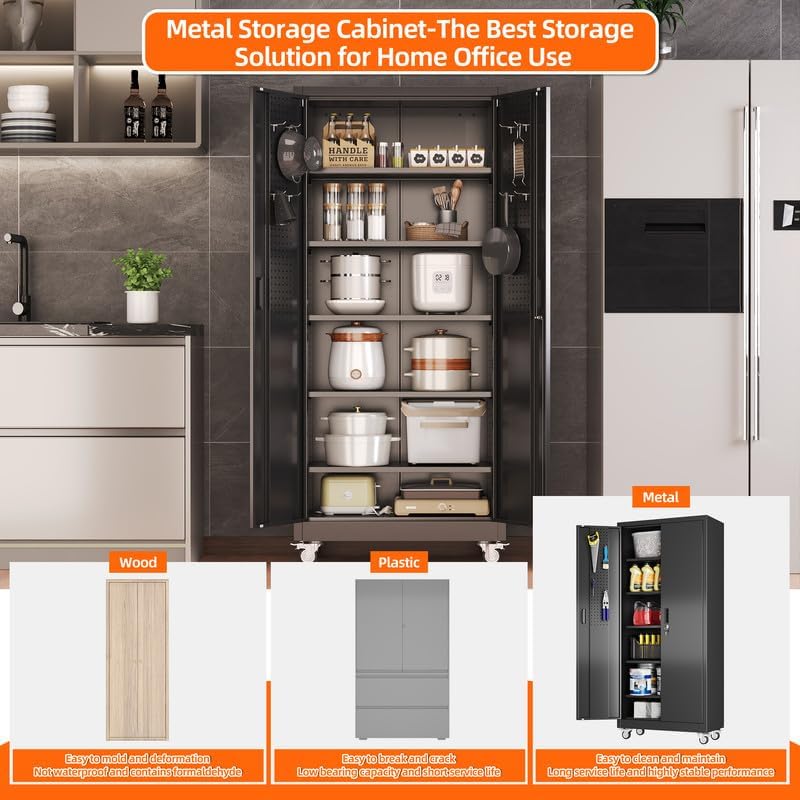 Aobabo Metal Storage Cabinet With Wheels And Door Pegboard Garage And Business Storage For Tools And Office Supplies 5 Adjustable Shelves, Lockable Black Cabinet — foto 4