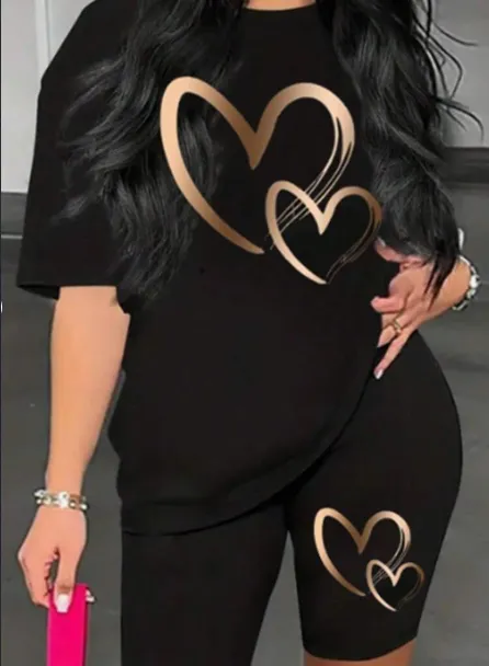 Women's Heart Print Drop Shoulder T Shirt And Cycling Shorts Two Piece Set For Summer Black - Shop at LoveMi