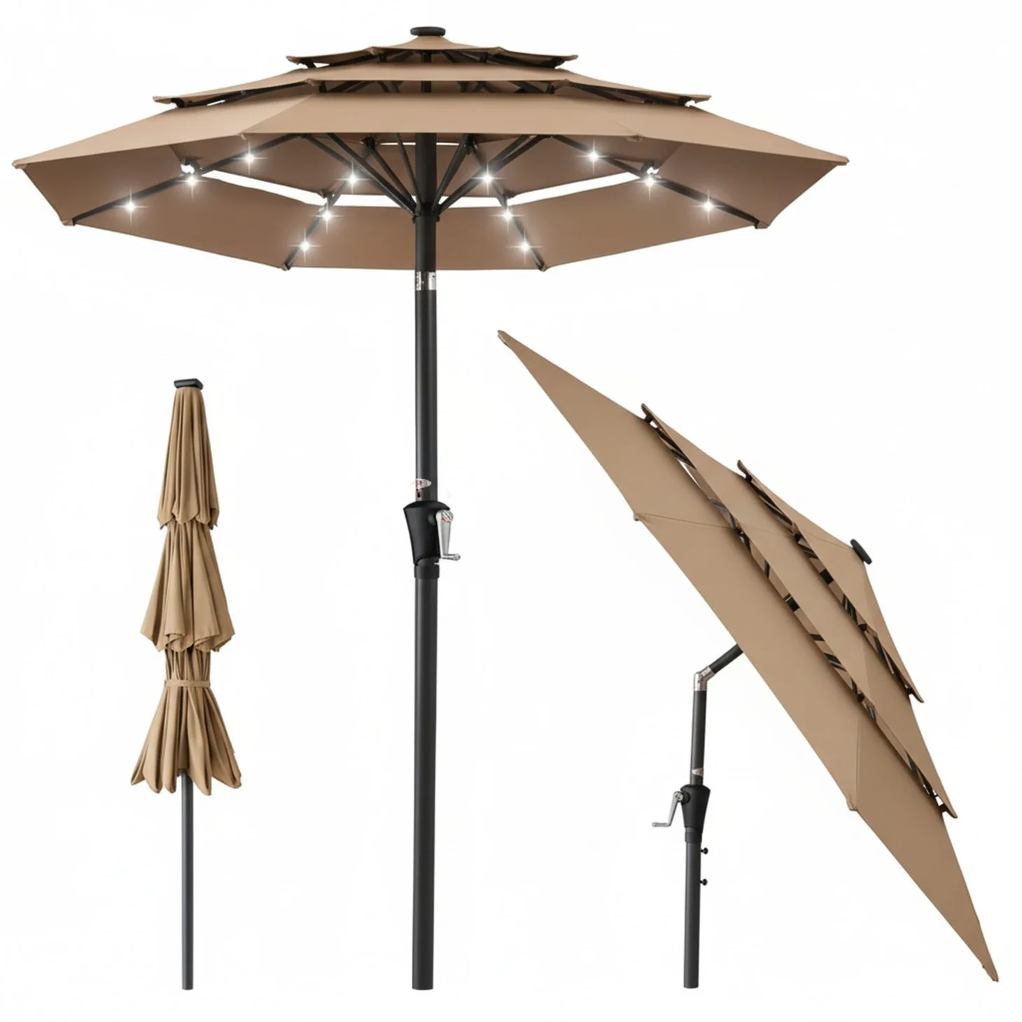 3-layer Solar Courtyard Shade Umbrella, Equipped With 32 LED Lights, And Adjustable Tilt Angle