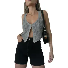 Women's Woolen Knitted Cardigan Vest - Grey - View 1