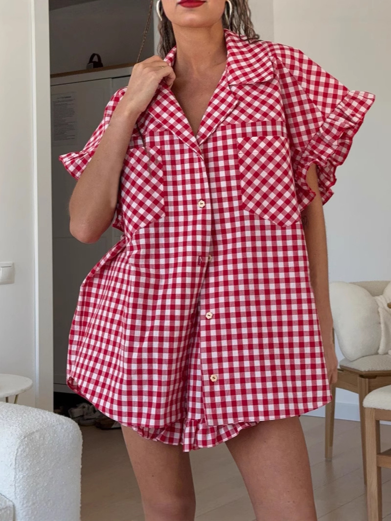 Ruffled Plaid Shirt And High-waisted Shorts Set