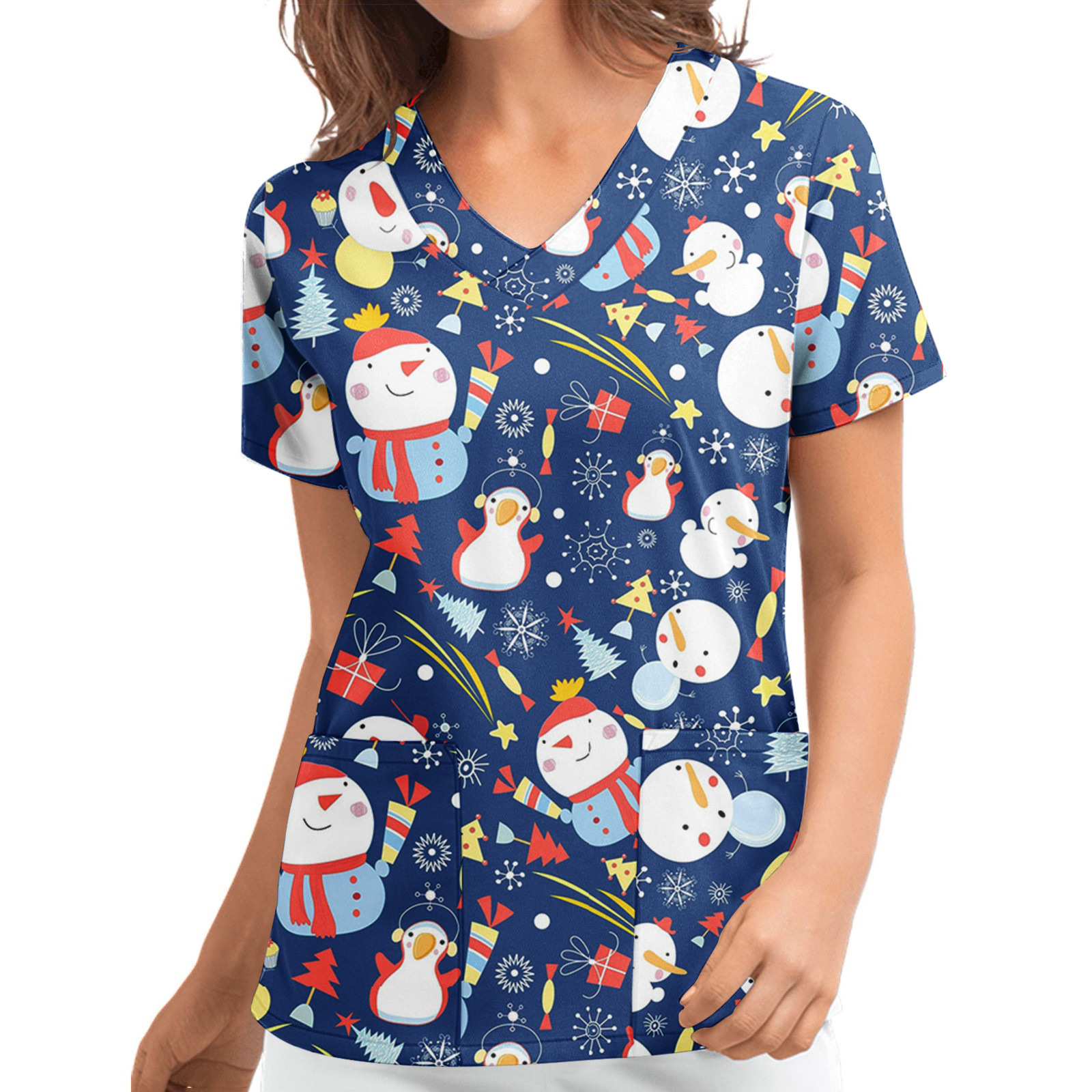 Title 11, Christmas Printed V-neck Short Sleeve Workwear ...