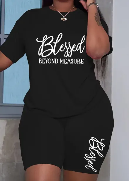 Women'S Two Piece Set Featuring A Stylish Printed T Shirt And Casual Shorts Black - Shop at LoveMi