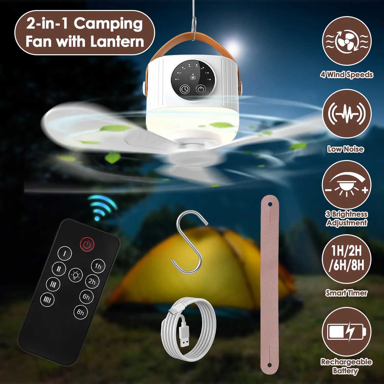 Tent Ceiling Fan With Light 7200mah Rechargeable