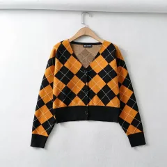 New Long Sleeve V-Neck Cropped Single Breasted Knit Cardigan - Orange - View 1