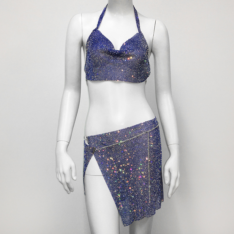 Women's Rhinestone Metal Vest Skirt Suit